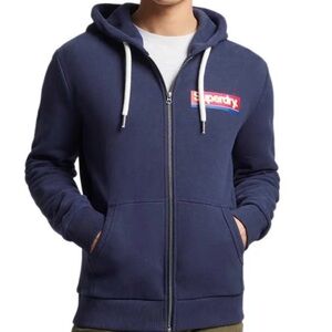 Superdry Navy Zip-Up Hoodie with Red Logo Patch